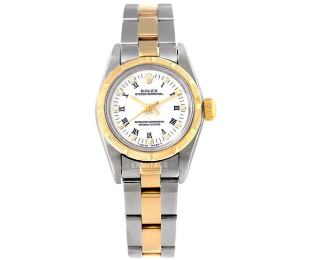 Rolex 67233 Yellow Gold & Steel on Jubilee, Engine Turned Bezel White with Black Roman & Gold Index